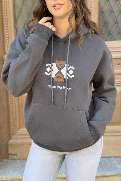 FLUFFY ONE COLOR FRONT LOGO WOMEN HOODIE DARK GREY/GEE - 4