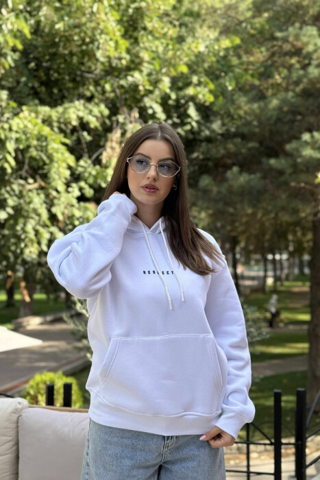 FLUFFY ONE COLOR FRONT SIMPLE WRITTING WOMEN HOODIE WHITE-E BARDHE - 3