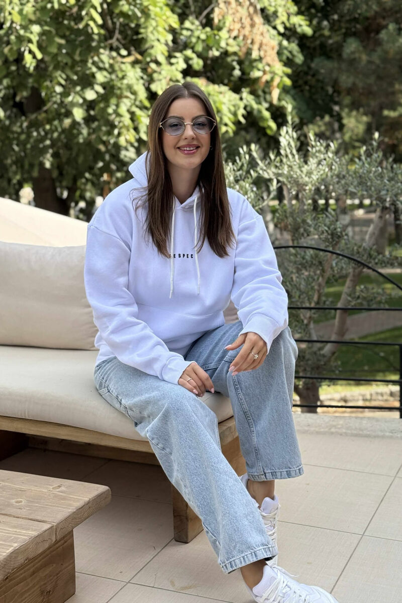 FLUFFY ONE COLOR FRONT SIMPLE WRITTING WOMEN HOODIE WHITE-E BARDHE - 2