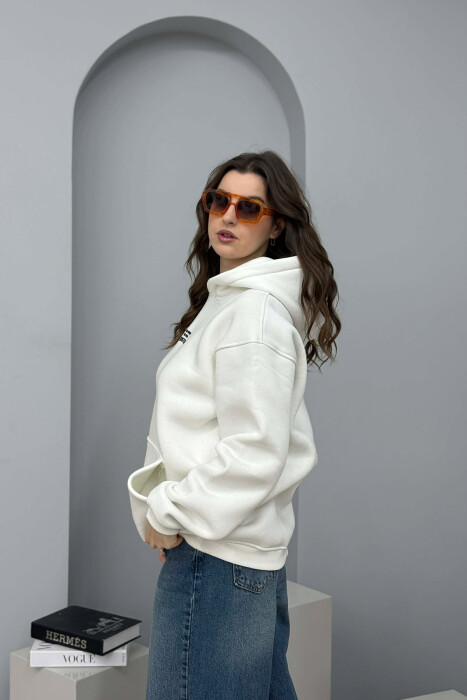 FLUFFY ONE COLOR FRONT WRITTING WOMEN HOODIE CREAM/KREM - 4