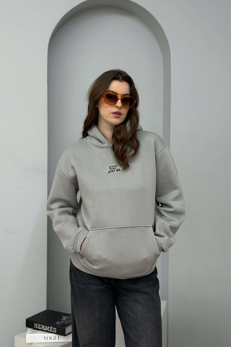 FLUFFY ONE COLOR FRONT WRITTING WOMEN HOODIE GREY/GRI - 1
