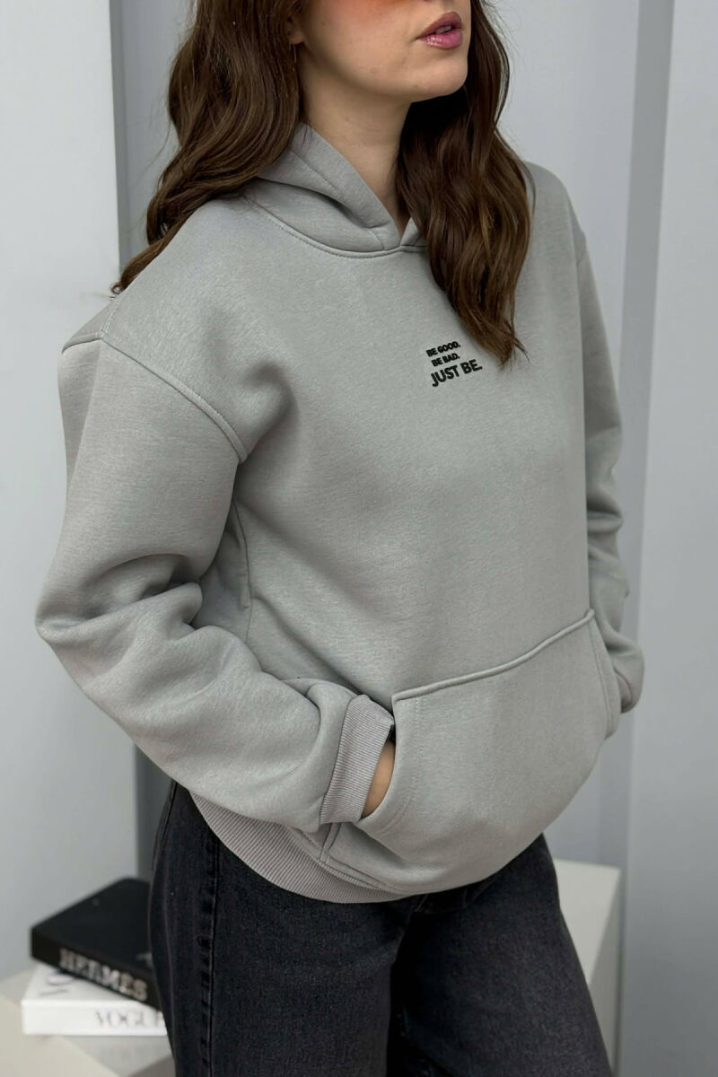 FLUFFY ONE COLOR FRONT WRITTING WOMEN HOODIE GREY/GRI - 2