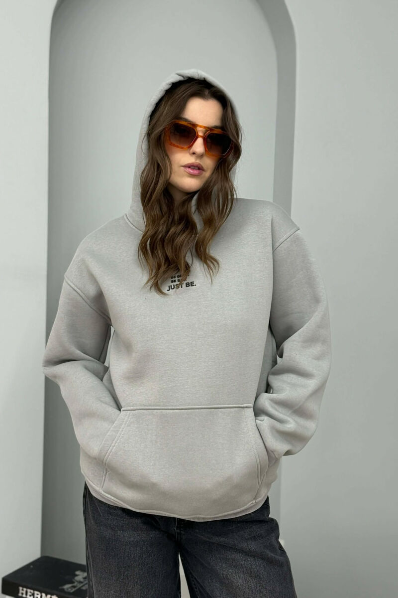 FLUFFY ONE COLOR FRONT WRITTING WOMEN HOODIE GREY/GRI - 4