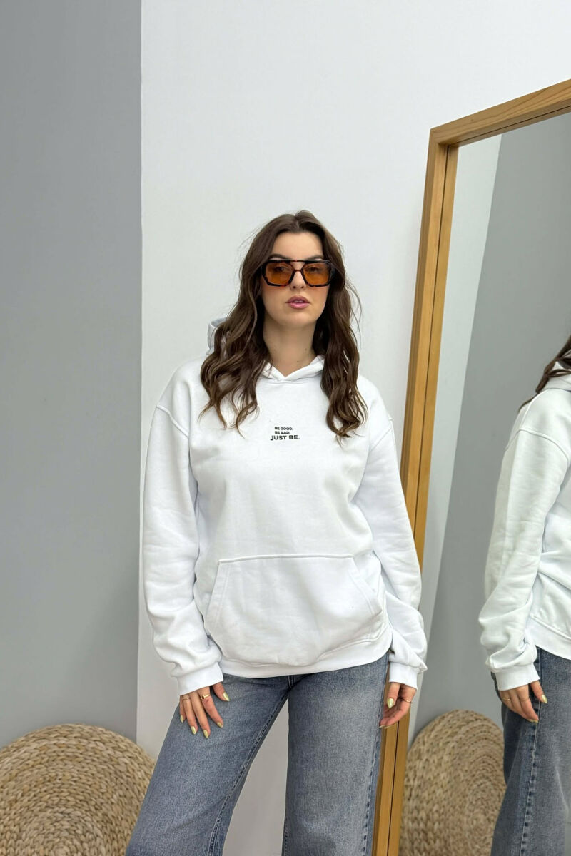 FLUFFY ONE COLOR FRONT WRITTING WOMEN HOODIE WHITE-E BARDHE - 1