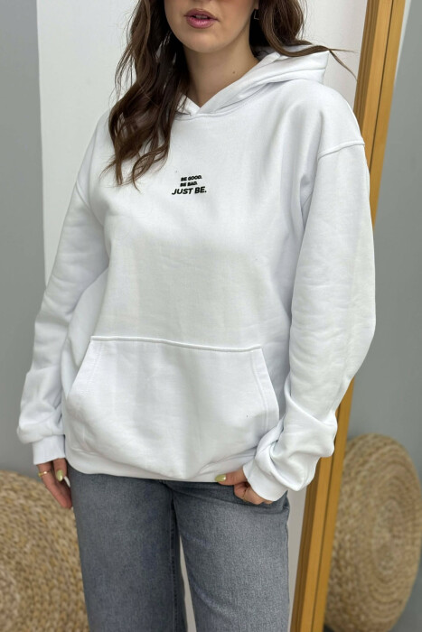 FLUFFY ONE COLOR FRONT WRITTING WOMEN HOODIE WHITE-E BARDHE - 2