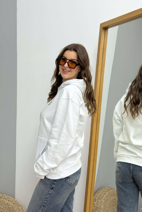 FLUFFY ONE COLOR FRONT WRITTING WOMEN HOODIE WHITE-E BARDHE - 3