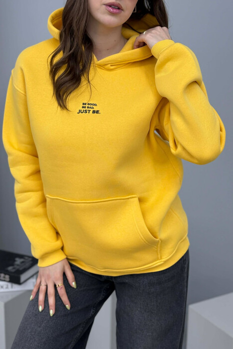 FLUFFY ONE COLOR FRONT WRITTING WOMEN HOODIE YELLOW/E VERDHE - 2