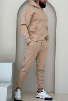 FLUFFY ONE COLOR HOODIE+JOGGERS MEN SET BEIGE/BEZHE 