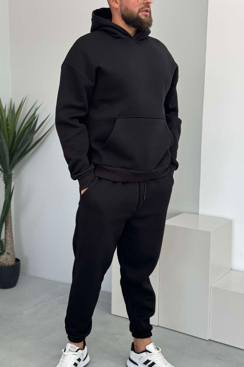 FLUFFY ONE COLOR HOODIE+JOGGERS MEN SET BLACK/ E ZEZE - 2