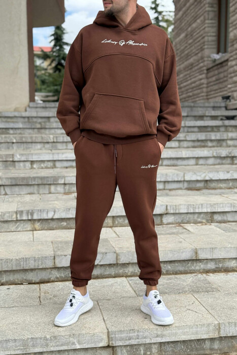 FLUFFY ONE COLOR HOODIE+JOGGERS MEN SET BROWN/KAFE 