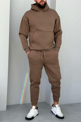 FLUFFY ONE COLOR HOODIE+JOGGERS MEN SET BROWN/KAFE 