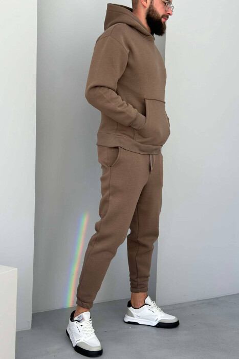 FLUFFY ONE COLOR HOODIE+JOGGERS MEN SET BROWN/KAFE - 3