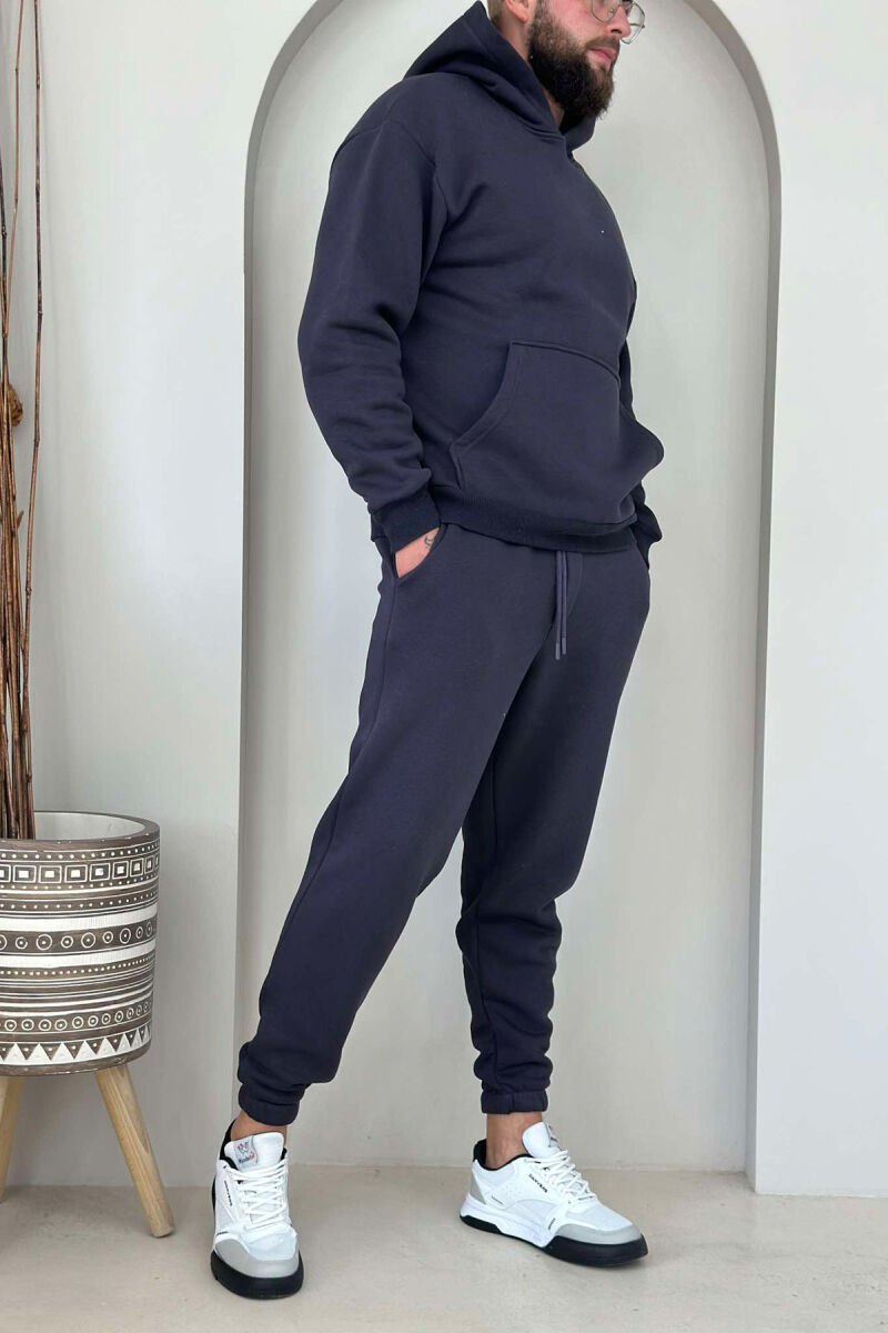 FLUFFY ONE COLOR HOODIE+JOGGERS MEN SET DARK BLUE/BEE - 2