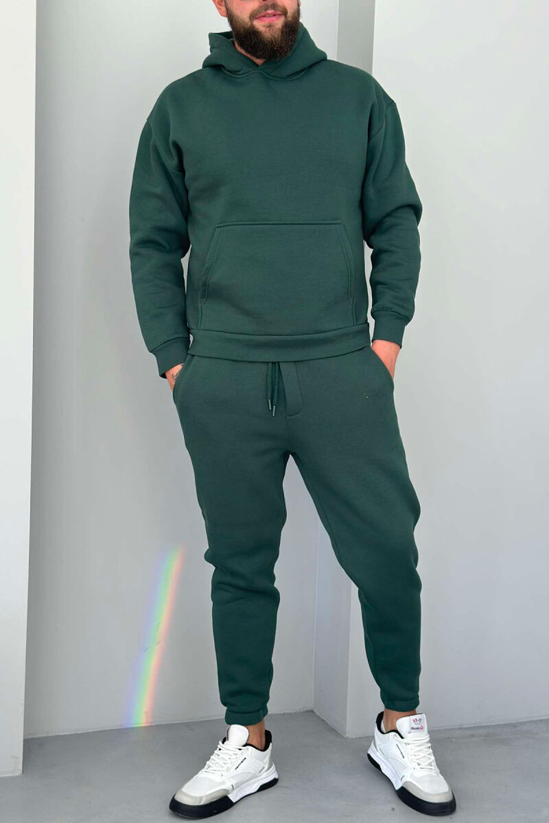 FLUFFY ONE COLOR HOODIE+JOGGERS MEN SET DARK GREEN/JEE - 1