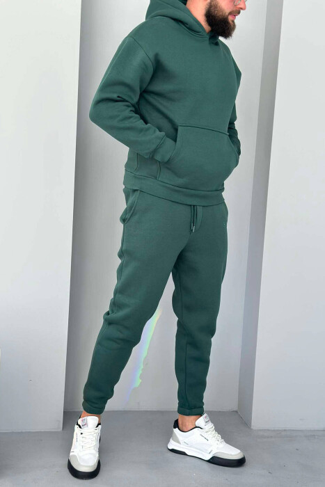 FLUFFY ONE COLOR HOODIE+JOGGERS MEN SET DARK GREEN/JEE - 3