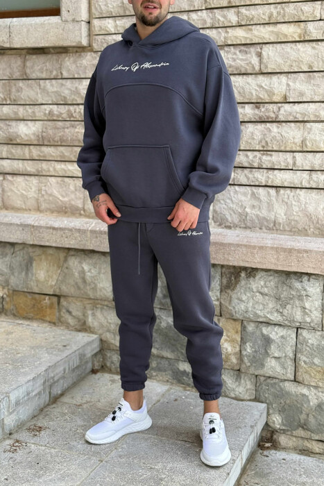 FLUFFY ONE COLOR HOODIE+JOGGERS MEN SET DARK GREY/GEE - 4