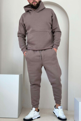 FLUFFY ONE COLOR HOODIE+JOGGERS MEN SET LIGHT BROWN/KAZB 