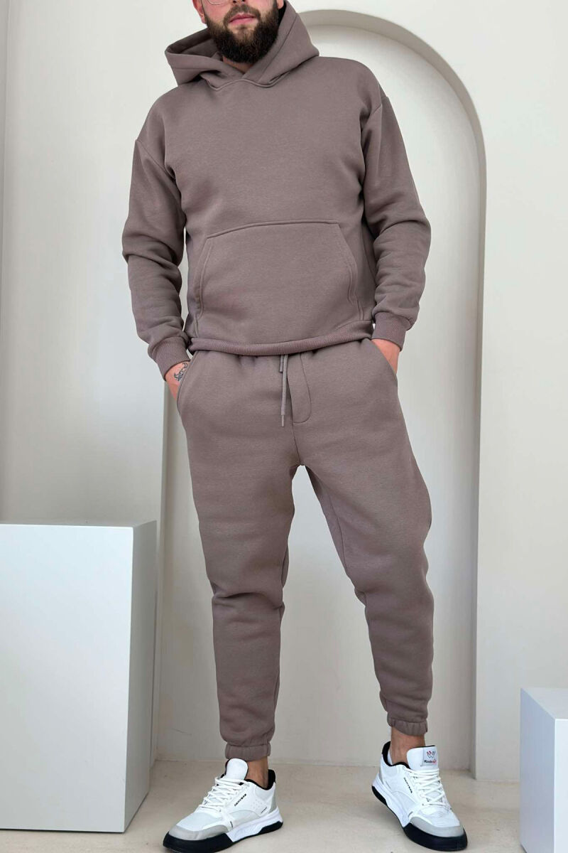 FLUFFY ONE COLOR HOODIE+JOGGERS MEN SET LIGHT BROWN/KAZB - 1