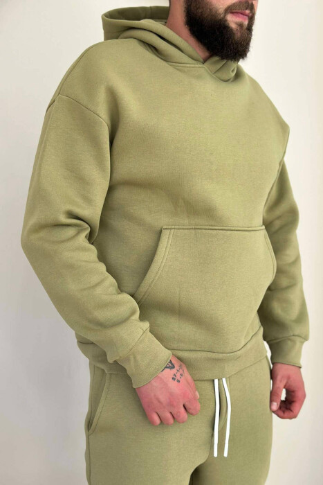 FLUFFY ONE COLOR HOODIE+JOGGERS MEN SET OLIVE/ULLI - 2