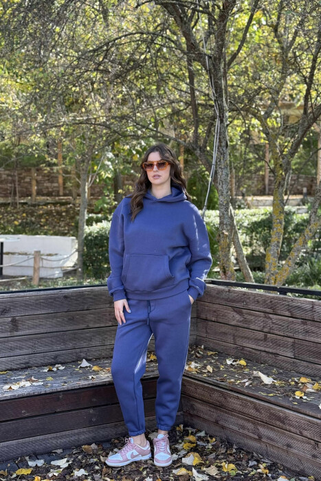 FLUFFY ONE COLOR HOODIE+JOGGERS WOMEN SET NAVY BLUE/BLU MARINE - KLAUDIO FASHION