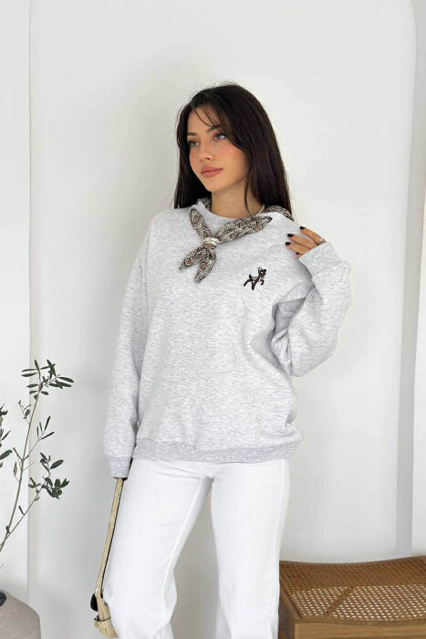 FLUFFY ONE COLOR SCARF DETAIL WOMEN SWEATSHIRT LIGHT GREY/GZ - 1