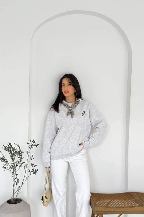 FLUFFY ONE COLOR SCARF DETAIL WOMEN SWEATSHIRT LIGHT GREY/GZ - 2