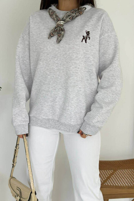 FLUFFY ONE COLOR SCARF DETAIL WOMEN SWEATSHIRT LIGHT GREY/GZ - 3