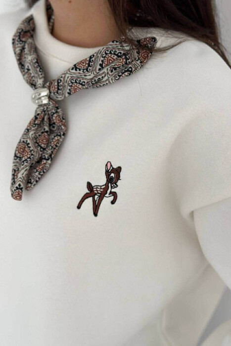 FLUFFY ONE COLOR SCARF DETAIL WOMEN SWEATSHIRT WHITE-E BARDHE - 2