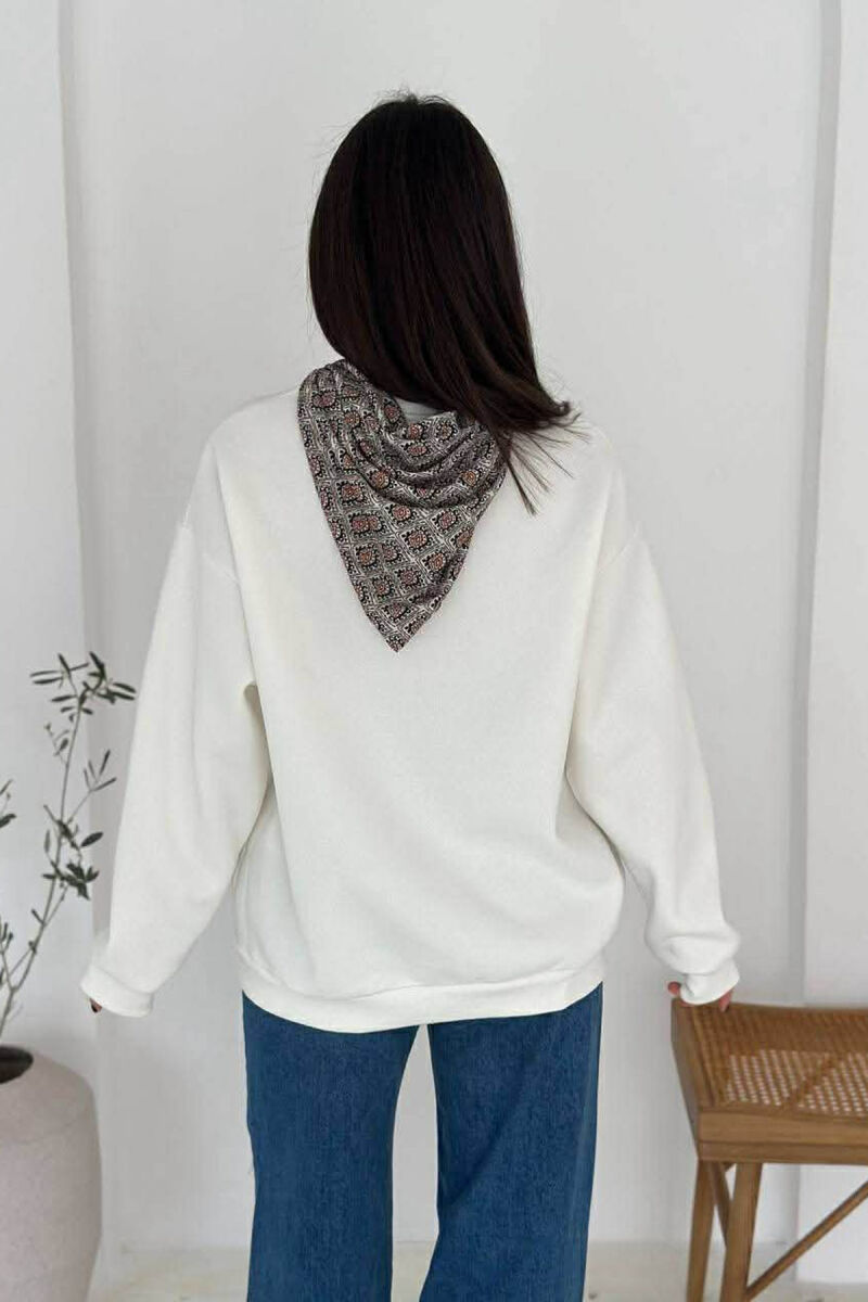 FLUFFY ONE COLOR SCARF DETAIL WOMEN SWEATSHIRT WHITE-E BARDHE - 3