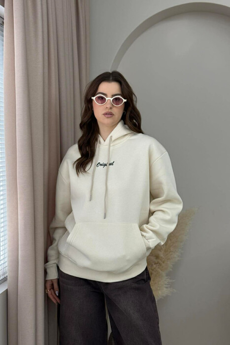 FLUFFY ONE COLOR SMALL FRONT WRITTING WOMEN HOODIE BEIGE/BEZHE 