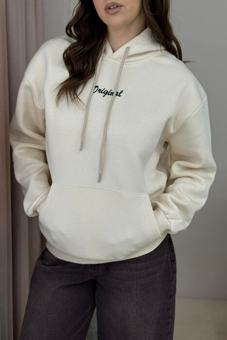 FLUFFY ONE COLOR SMALL FRONT WRITTING WOMEN HOODIE BEIGE/BEZHE - 4