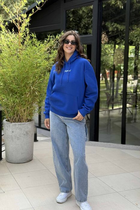 FLUFFY ONE COLOR SMALL FRONT WRITTING WOMEN HOODIE BLUE/BLU - 1