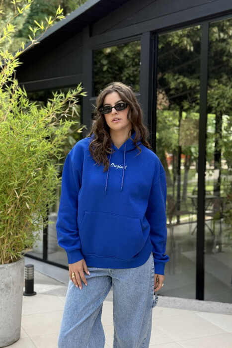 FLUFFY ONE COLOR SMALL FRONT WRITTING WOMEN HOODIE BLUE/BLU - 2