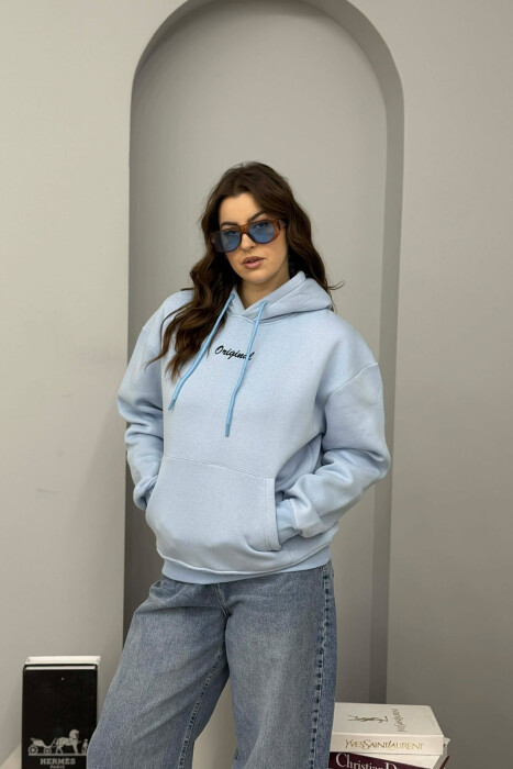 FLUFFY ONE COLOR SMALL FRONT WRITTING WOMEN HOODIE LIGHTBLUE/BZ - KLAUDIO FASHION