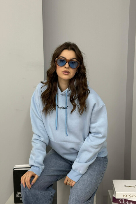 FLUFFY ONE COLOR SMALL FRONT WRITTING WOMEN HOODIE LIGHTBLUE/BZ - 2