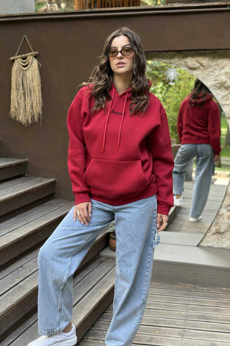 FLUFFY ONE COLOR SMALL FRONT WRITTING WOMEN HOODIE RED/E KUQE 