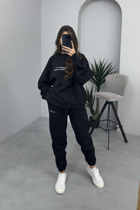 FLUFFY ONE COLOR SWEATSHIRT+ JOGGERS WOMEN SET BLACK/ E ZEZE 