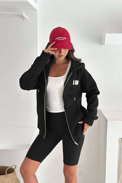 FLUFFY ONE COLOR ZIPPER WOMEN COTTON JACKET BLACK/ E ZEZE - 2