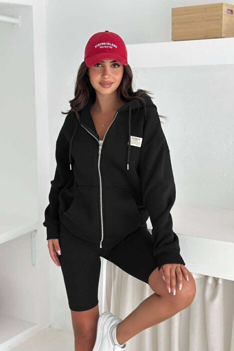 FLUFFY ONE COLOR ZIPPER WOMEN COTTON JACKET BLACK/ E ZEZE 