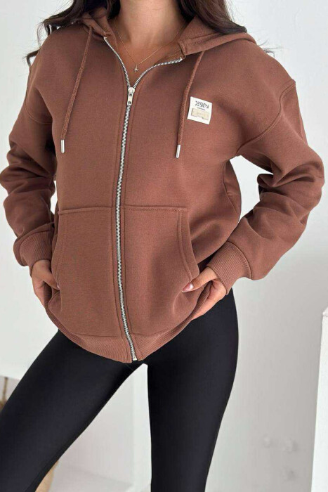FLUFFY ONE COLOR ZIPPER WOMEN COTTON JACKET BROWN/KAFE 