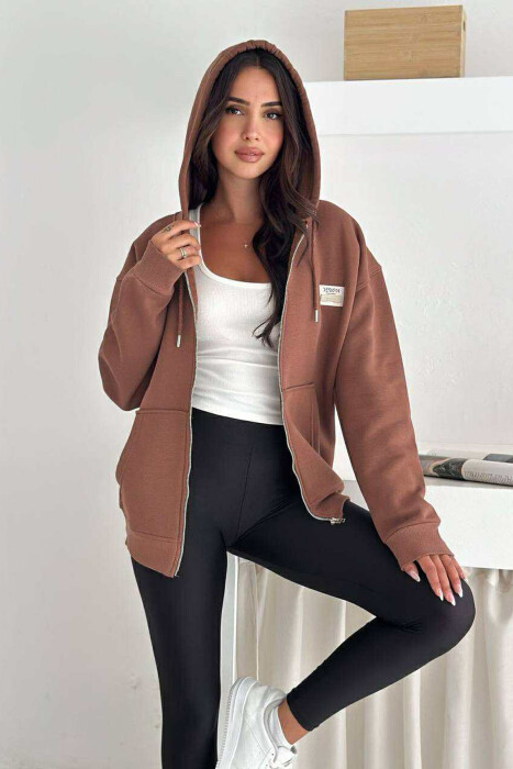 FLUFFY ONE COLOR ZIPPER WOMEN COTTON JACKET BROWN/KAFE - 1
