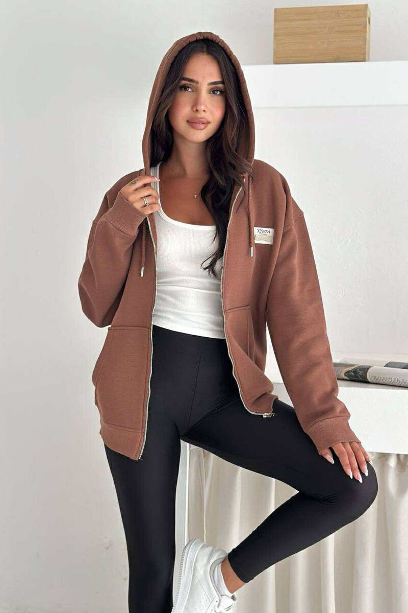 FLUFFY ONE COLOR ZIPPER WOMEN COTTON JACKET BROWN/KAFE - 1