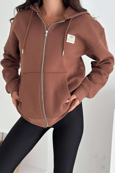 FLUFFY ONE COLOR ZIPPER WOMEN COTTON JACKET BROWN/KAFE - 2