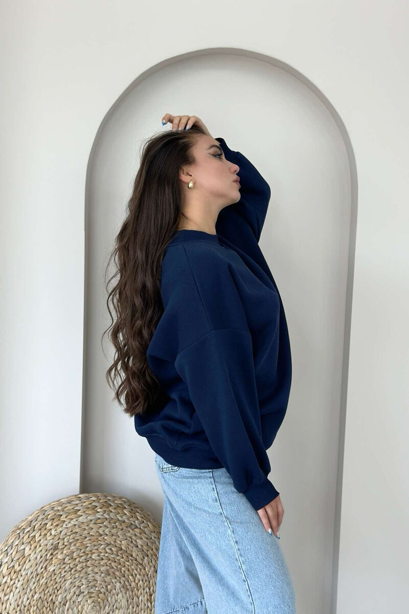 FLUFFY OVERSIZE COTTON WOMAN SWEATSHIRT DARK BLUE/BEE - 3