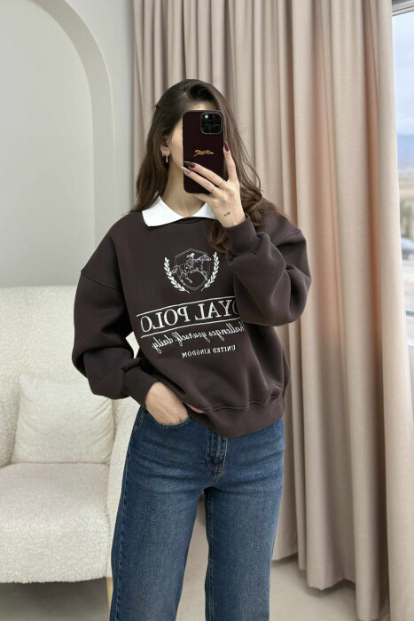 FLUFFY POLO NECK FRONT IMAGE WOMEN SWEATSHIRT BROWN/KAFE - 1