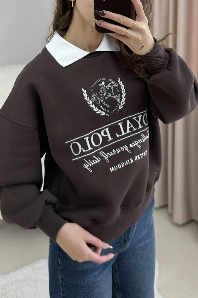 FLUFFY POLO NECK FRONT IMAGE WOMEN SWEATSHIRT BROWN/KAFE - 2