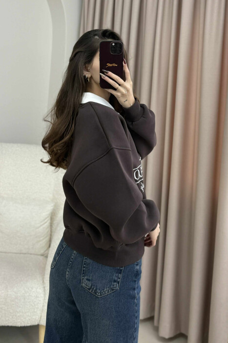 FLUFFY POLO NECK FRONT IMAGE WOMEN SWEATSHIRT BROWN/KAFE - 3