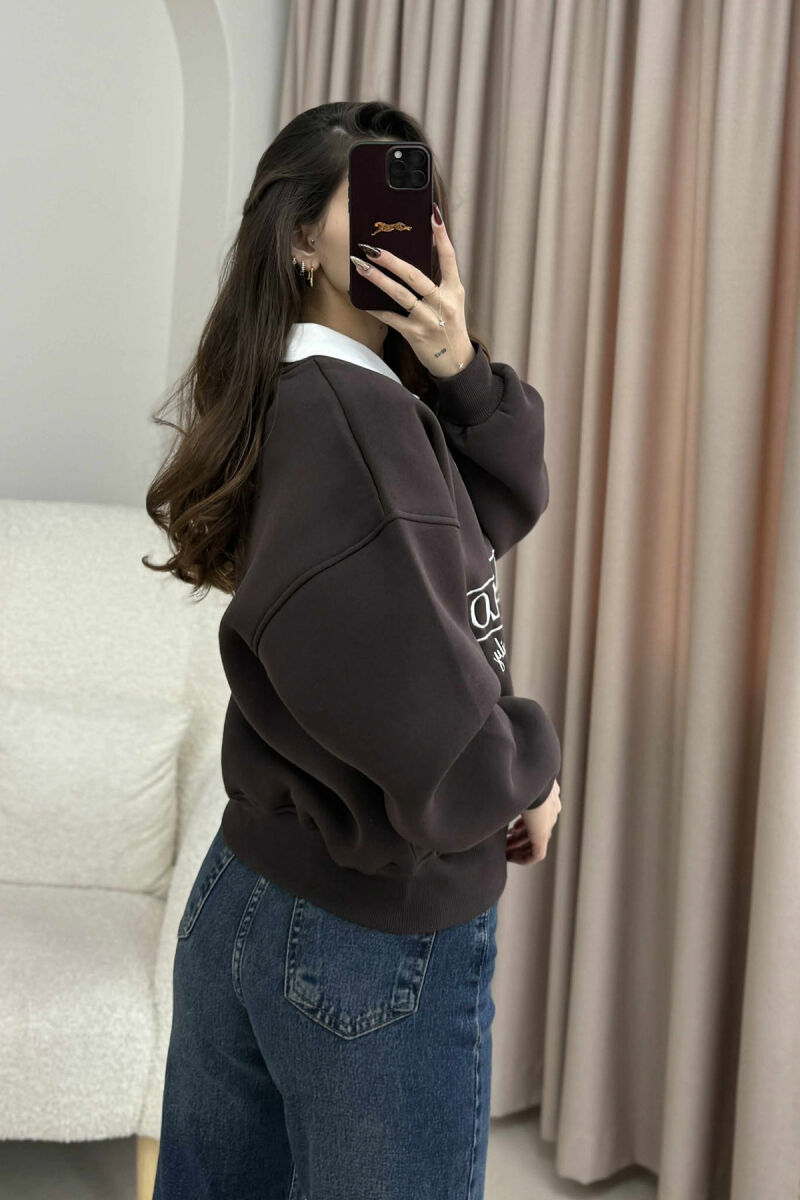FLUFFY POLO NECK FRONT IMAGE WOMEN SWEATSHIRT BROWN/KAFE - 3