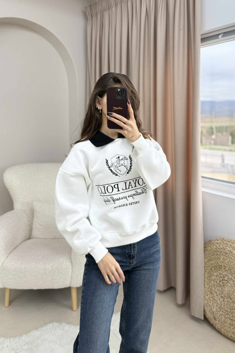 FLUFFY POLO NECK FRONT IMAGE WOMEN SWEATSHIRT WHITE-E BARDHE - 1