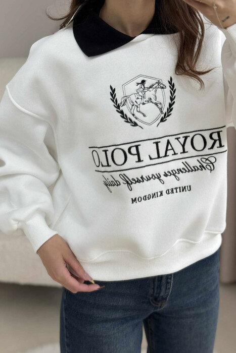 FLUFFY POLO NECK FRONT IMAGE WOMEN SWEATSHIRT WHITE-E BARDHE - 4